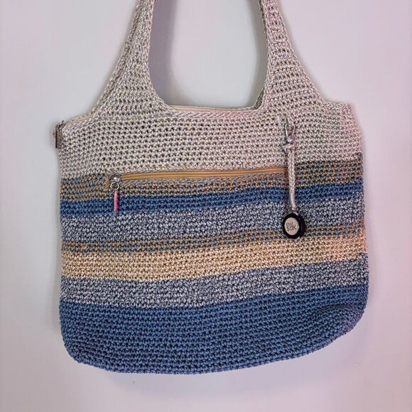 The Sak Cream and Blue Striped Knit Shoulder Purse Bag - Picture 3 of 6
